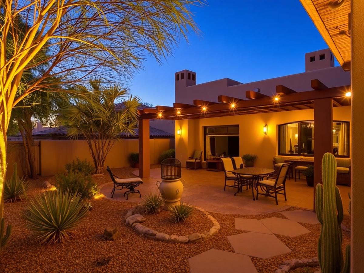 Backyard casita patio and desert landscaping in the evening