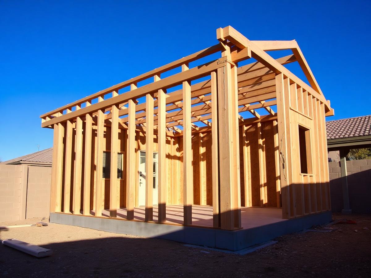 Framing stage of a detached casita under construction in an Arizona backyard